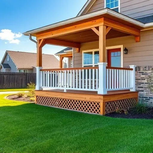 Cedar porch in Arlington TX with white railings, lattice skirting, lush lawn, landscaped yard, and modern suburban home