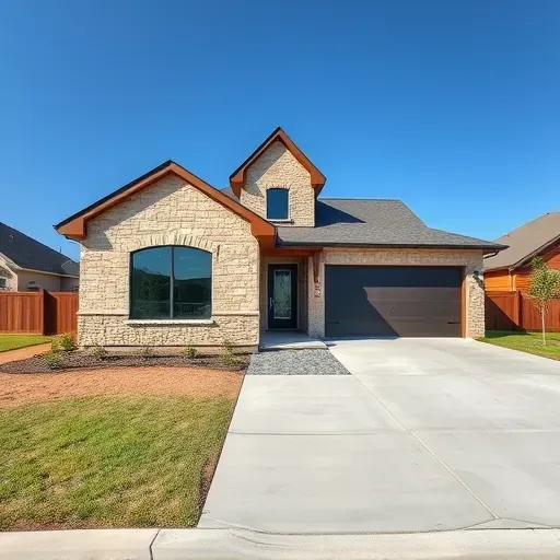 Modern home in North Mansfield, TX with sleek stone and wood façade, large windows, manicured lawns, and polished concrete driveway.