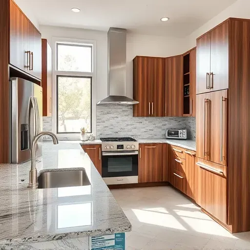 Refurbished Arlington TX kitchen with sleek walnut cabinets, brushed nickel hardware, granite countertops, modern appliances and natural lighting