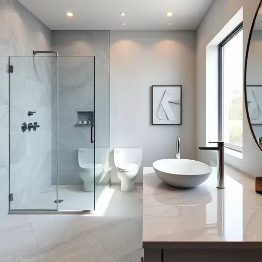 Newly renovated modern bathroom in East Midlothian TX with walk-in shower, soaking tub, marble tiles, and sleek fixtures