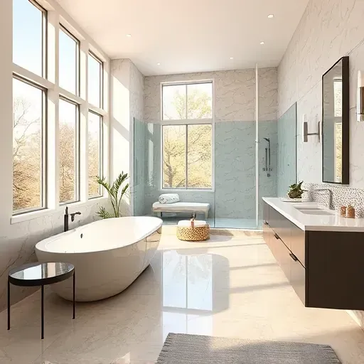 Renovated Arlington TX bathroom with modern fixtures, marble countertops, huge windows, and elegant lighting details.