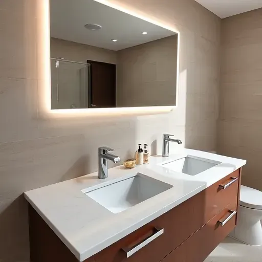 Modern bathroom vanity in Arlington TX with marble top dark wood cabinets chrome fixtures LED mirror neutral tile accents