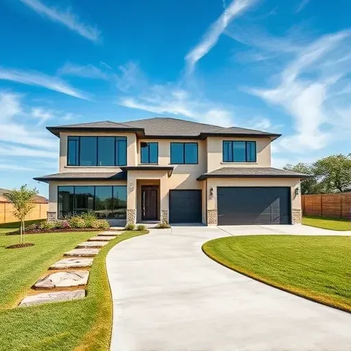 Completed modern home in South Mansfield TX with large windows, landscaped yard, and polished concrete driveway.