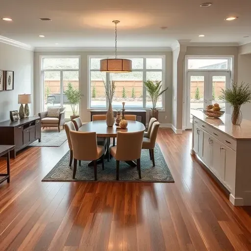 Modern renovated Arlington TX home interior with hardwood floors, custom cabinetry, stylish lighting, and lush backyard view