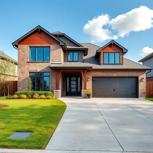 Beautifully renovated modern home in Grand Prairie TX with brick and wood accents, manicured lawn, and elegant entrance.