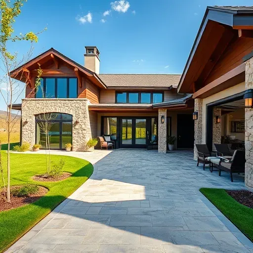 Elegant modern home in Wildcat Ranch TX with stone and wood exterior, lush landscaping, and scenic hills.