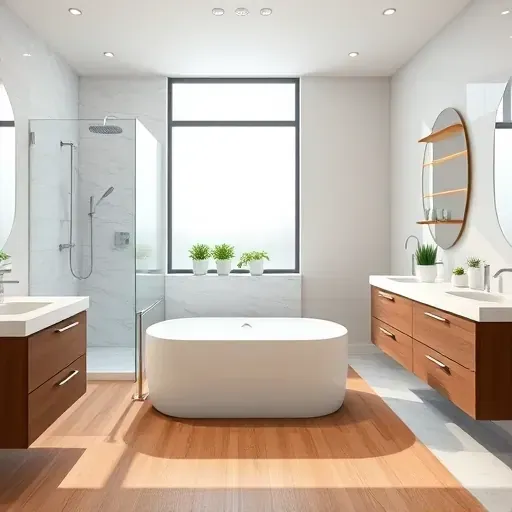 Remodeled North Mansfield TX bathroom with white marble countertops, double vanity, glass shower, and modern decor