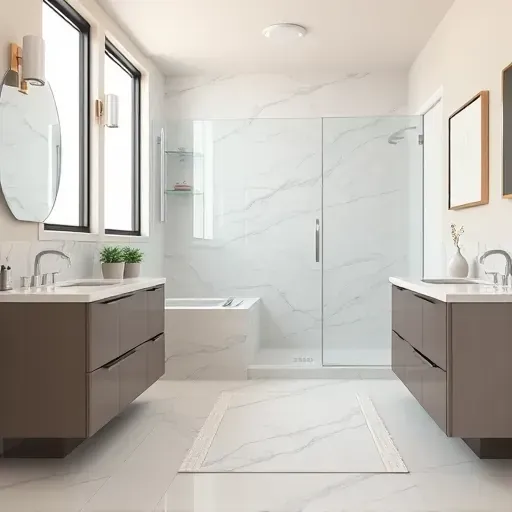 Remodeled Central Midlothian TX bathroom with modern fixtures, walk-in shower, marble countertops, elegant tiles, natural light