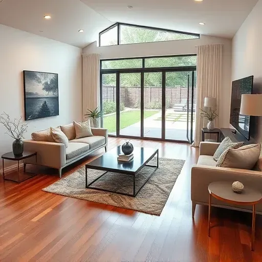 Renovated Arlington TX living room with modern furniture hardwood floors artwork large windows lush backyard view