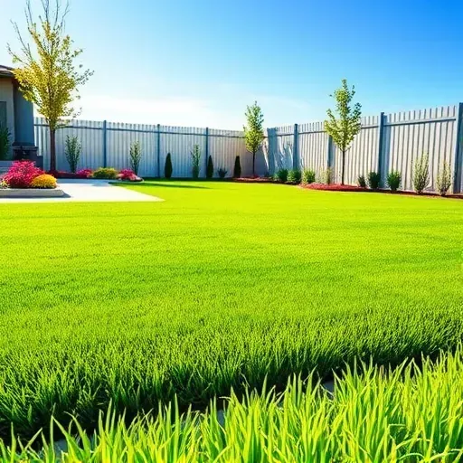 Lush green freshly installed sod lawn in Arlington TX with vibrant grass, flower beds, paved walkway, and modern fencing