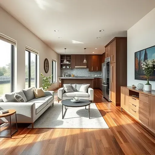 Modern Arlington TX living room with hardwood floors, stylish decor, large windows, open-concept kitchen, and sophisticated finishes