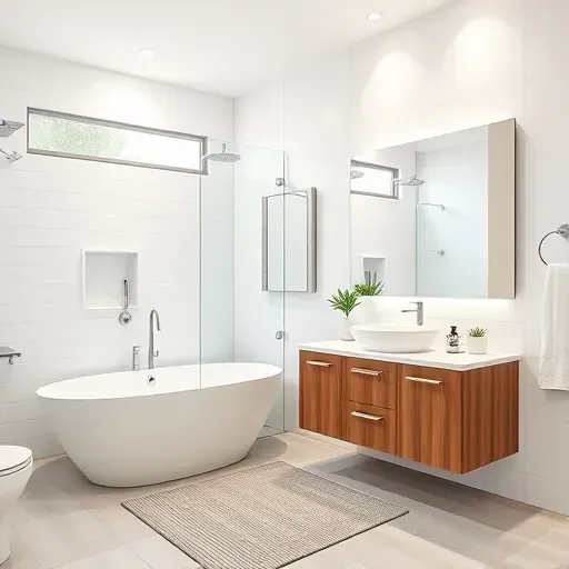 Beautiful renovated modern bathroom in Central Cedar Hill TX with white tiles, glass shower, freestanding tub and sleek fixtures