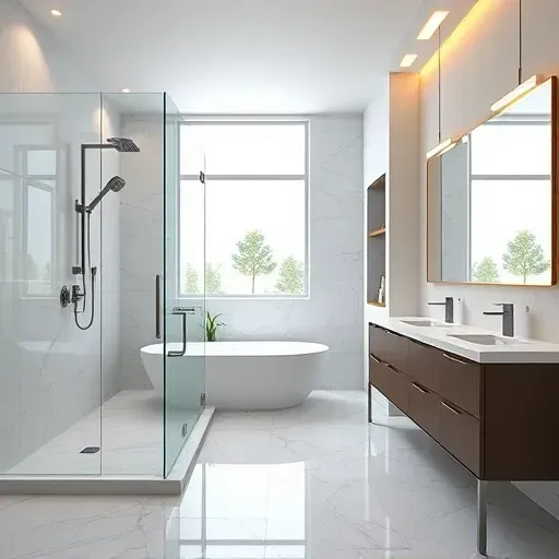 Completed modern bathroom remodeling in Arlington TX with walk-in shower, freestanding tub, and polished marble finishes.