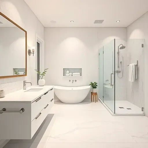 Renovated Midlothian TX bathroom with white marble countertops, freestanding bathtub, glass shower, porcelain floors and modern decor