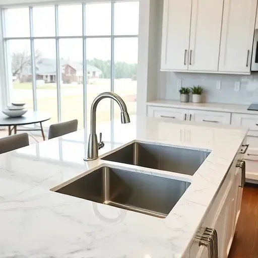 Finished Arlington TX modern kitchen with polished granite countertops, sleek sink, white cabinets, and natural light.