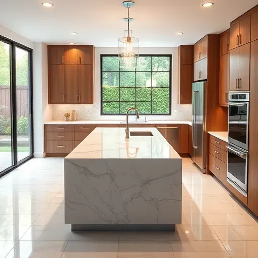 Finished modern kitchen island with marble counters, wooden cabinets, stainless appliances, natural light in Arlington TX
