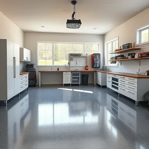 Remodeled Arlington TX garage with gray epoxy floors, custom cabinets, natural light, and sleek organized storage