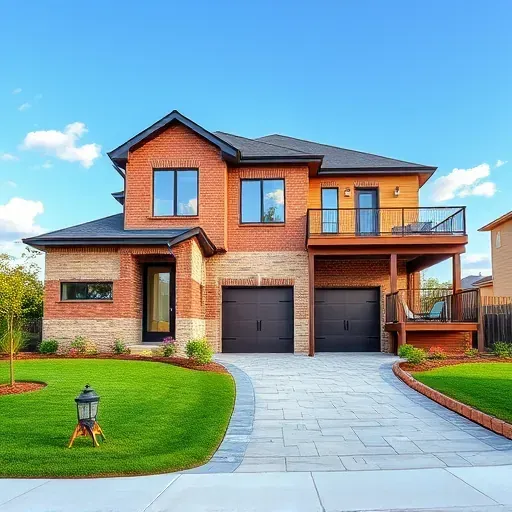 Completed modern two-story home in East Arlington TX with brick and wood, lush landscaping, and outdoor deck.
