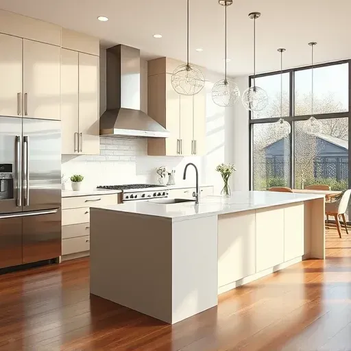 Recently remodeled Arlington TX kitchen with modern matte cabinetry stainless steel appliances quartz island subway tile backsplash natural sunlight hardwood floors and open-concept design