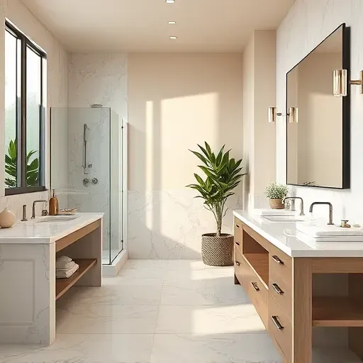 Remodeled modern bathroom in Cedar Hill TX with marble countertops walk-in shower neutral walls polished tile floor and minimalist decor