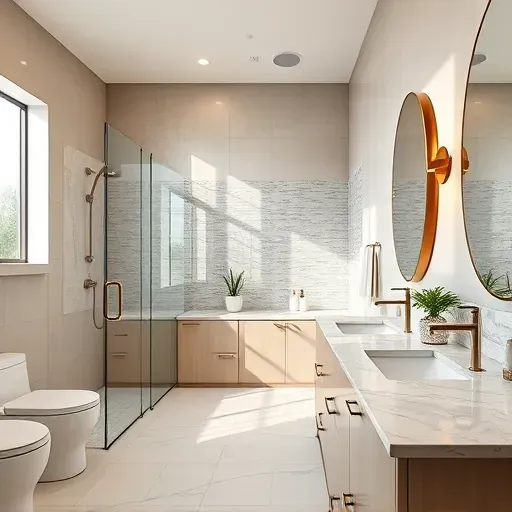Renovated bathroom in Central Cedar Hill TX with glass shower, marble countertops, and warm neutral tones.