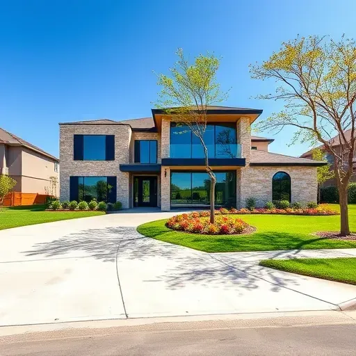 Modern home in Crandall TX with stone facade, large glass windows, manicured lawn and elegant entrance, set in a tranquil neighborhood.