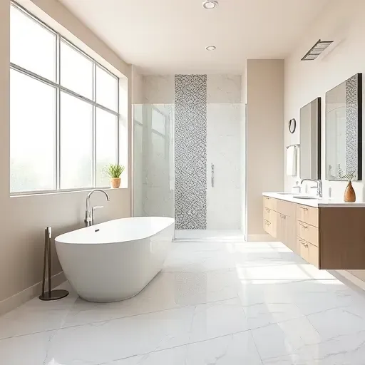 Beautiful modern bathroom in Euless Texas with sleek fixtures, frameless glass shower, freestanding tub, marble flooring, and natural light