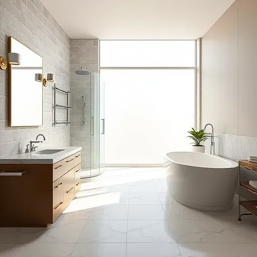 Remodeled North Euless TX bathroom with modern fixtures, glass shower, soaking tub, marble countertops, natural light