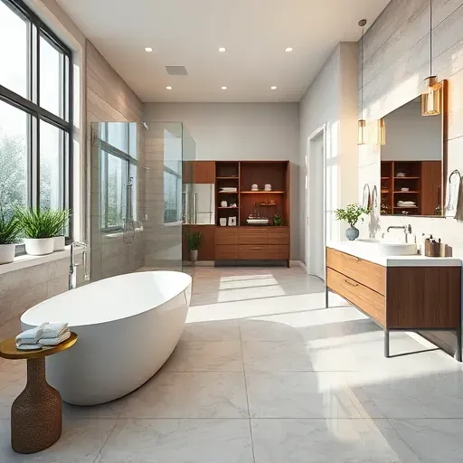 Renovated modern bathroom in North Midlothian TX with a freestanding tub, walk-in shower, contemporary vanity, and elegant decor