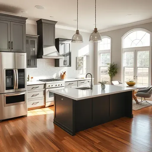 Freshly remodeled Arlington Texas kitchen with sleek black cabinetry, quartz island, stainless steel appliances, hardwood floors and natural light