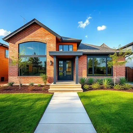 Modern residential home in Viridian TX with brick and wood facade, landscaped yard, and sleek entryway design.