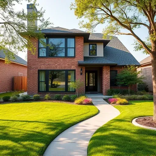 Newly constructed home in North Grand Prairie TX featuring modern design, landscaped yard, and serene neighborhood setting.