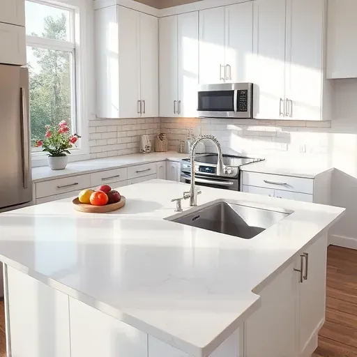 Freshly installed gray and white quartz kitchen countertop with seamless edges in modern Arlington TX kitchen