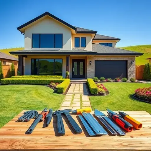 Completed General Contractor project in Central Euless TX featuring a modern home with vibrant landscaping and construction tools.