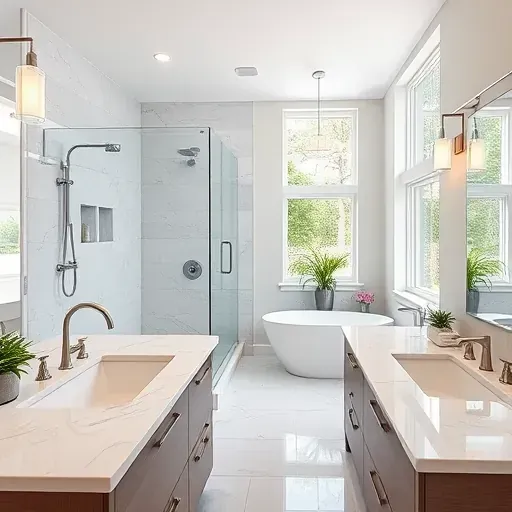Renovated Arlington TX bathroom featuring modern fixtures, glass shower, freestanding tub, and dual-sink vanity.