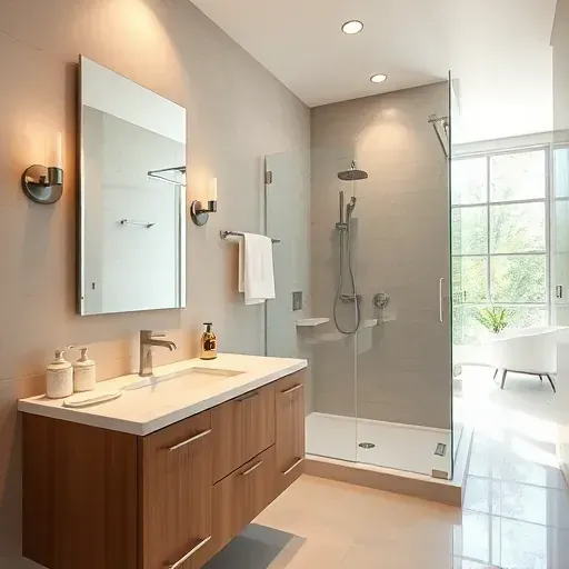 Remodeled West Arlington TX bathroom with walk-in shower, marble vanity, modern fixtures, neutral tiles, and natural light