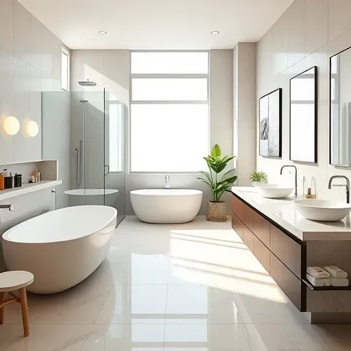 Beautiful modern bathroom remodel with walk-in glass shower, freestanding tub, double vanity, and sleek fixtures
