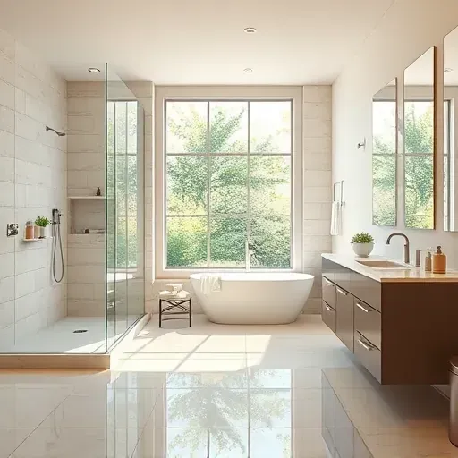 Remodeled Mansfield TX bathroom with walk-in shower, soaking tub, modern fixtures, neutral tiles, and lush outdoor view