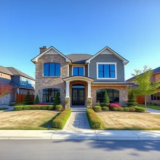 Elegant two-story home in Midlothian TX with stone facade, panoramic windows, and vibrant landscaping.