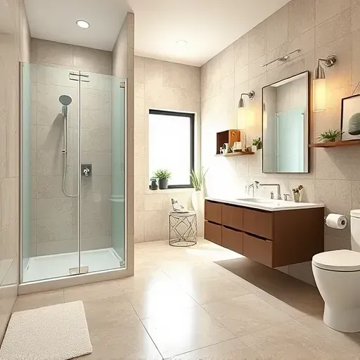 Modern remodeled bathroom in South Cedar Hill TX with walk-in shower, floating vanity, porcelain tiles, chrome fixtures, and natural light