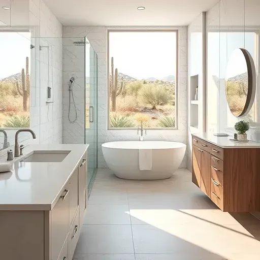 Beautiful remodeled Wildcat Ranch TX bathroom with marble countertops, glass shower, soaking tub, desert views, and elegant design