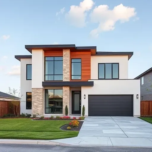Modern home in Euless, TX with sleek stone and wood finishes, large windows, and vibrant landscaping showcasing craftsmanship.