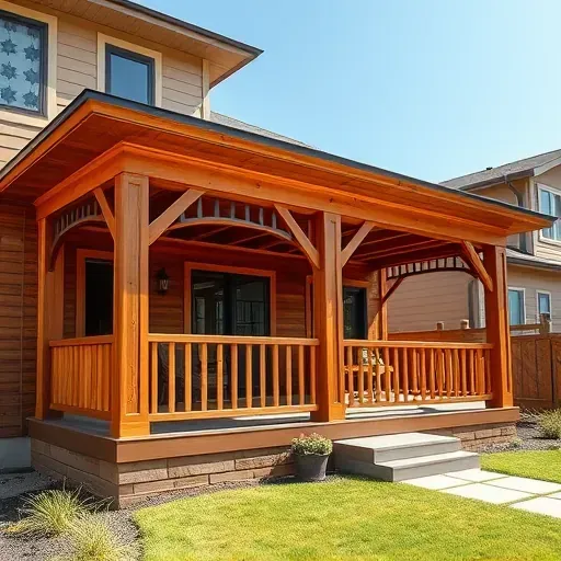 Freshly built cedar porch with detailed railing, sturdy beams, lush yard, and bright blue sky in Arlington Texas