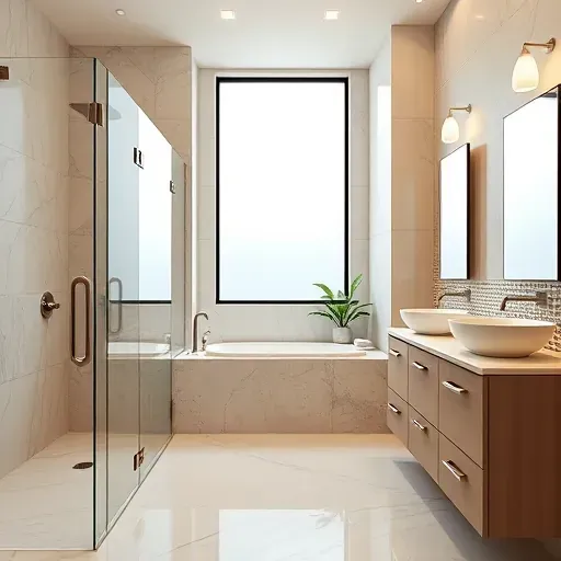 Completed bathroom remodel in Arlington TX featuring a spacious walk-in shower, freestanding tub, and modern fixtures.