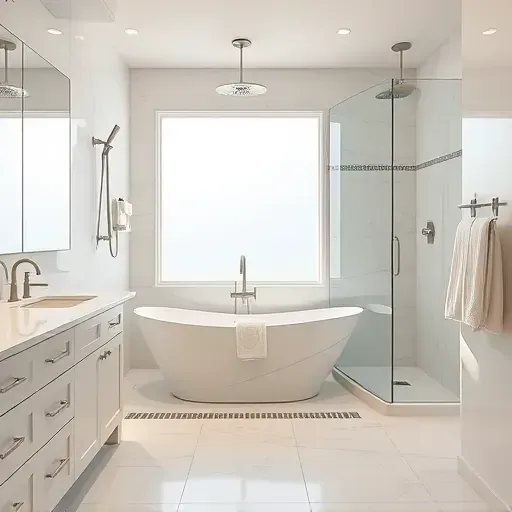 Luxurious Arlington TX bathroom remodel with marble counters, walk-in shower, and freestanding tub under a frosted window.