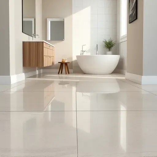 Newly completed bathroom flooring with polished ceramic tiles, clean grout lines, neutral painted walls, sleek fixtures, and natural lighting