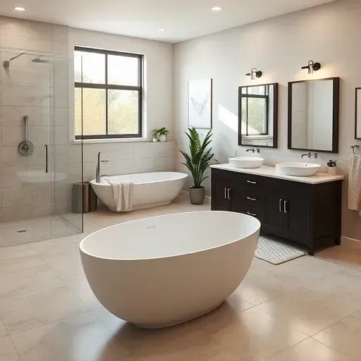 Freshly remodeled bathroom in North Mansfield TX with modern design, neutral tiles, walk-in shower, freestanding tub, and double vanity.