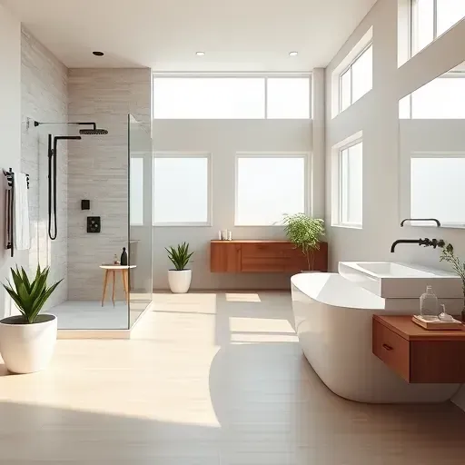 Recently renovated bathroom in Central Grand Prairie TX with modern fixtures, walk-in shower, freestanding tub, and floating vanity.