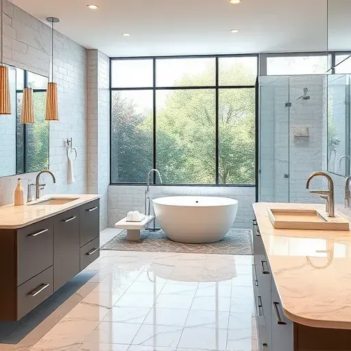 Recently renovated luxurious bathroom in Euless TX with modern fixtures, freestanding tub, walk-in shower, marble countertops, large windows, and elegant design