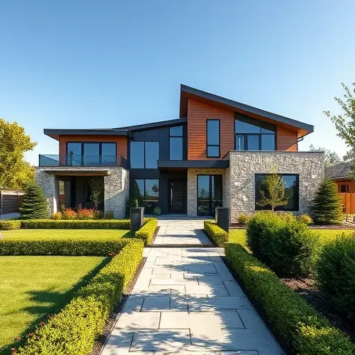 Modern home in South Euless TX featuring stone and wood siding, large windows, and lush landscaping.